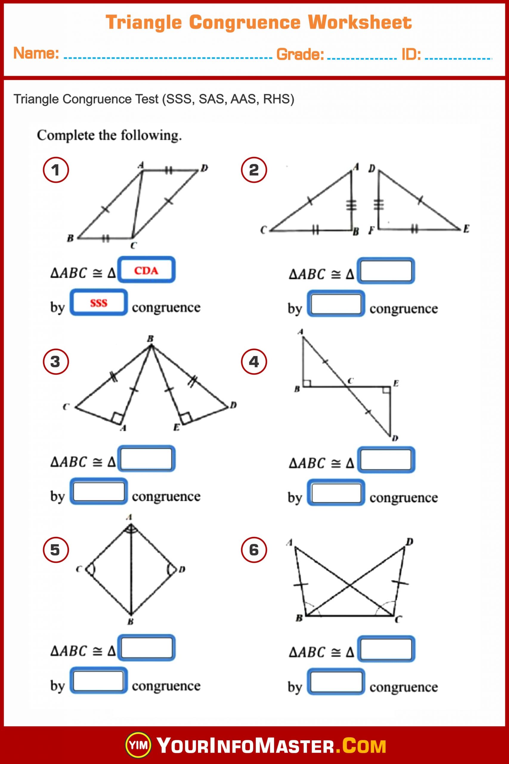 Congruent Triangles Worksheet With Answer